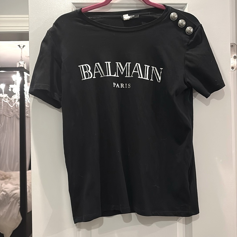 BALMAIN black t shirt with 3 silver button detail